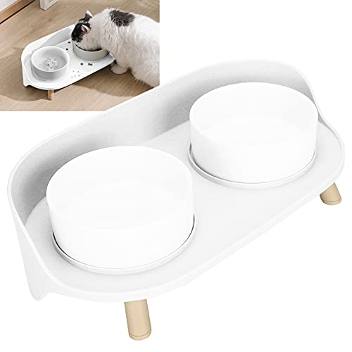 01 Cuenco de cerámica para Gatos, Nueva Porcelana de Hueso y Cuenco Doble de plástico para Mascotas portátil para Gatitos para Perros pequeños(White)