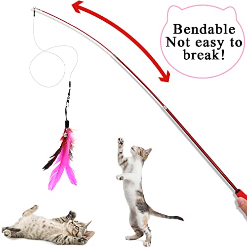 11 PCS Juguetes para Gatos, 2 PCS Varita interactiva retráctil para Gatos con Gatos Accesorios 9 recambios con Campanas Plumas gusanitos ratone, caña para Gatos , Juguete Gato Magic Wand