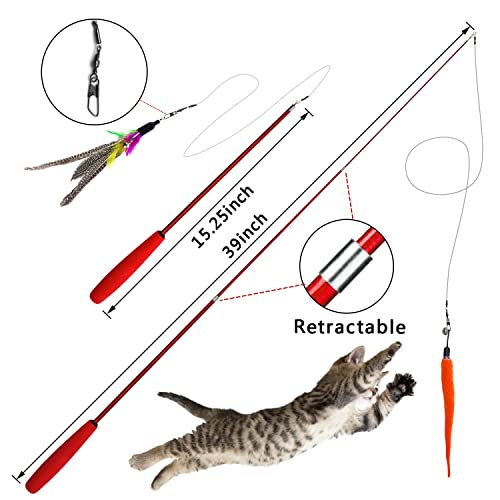 11 PCS Juguetes para Gatos, 2 PCS Varita interactiva retráctil para Gatos con Gatos Accesorios 9 recambios con Campanas Plumas gusanitos ratone, caña para Gatos , Juguete Gato Magic Wand