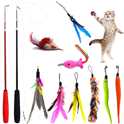 11 PCS Juguetes para Gatos, 2 PCS Varita interactiva retráctil para Gatos con Gatos Accesorios 9 recambios con Campanas Plumas gusanitos ratone, caña para Gatos , Juguete Gato Magic Wand