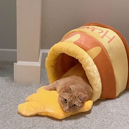 2 PCS Amarillo Potita De Miel Cama De Gato Honey Jar Forma Cama Catita De Gato Linda Pelusa Dibujos Animados Cuerpo De Mascotas Casa Cat Casa Mat Mat Suave Mascota Jerarquía For Pequeño Cat Dog