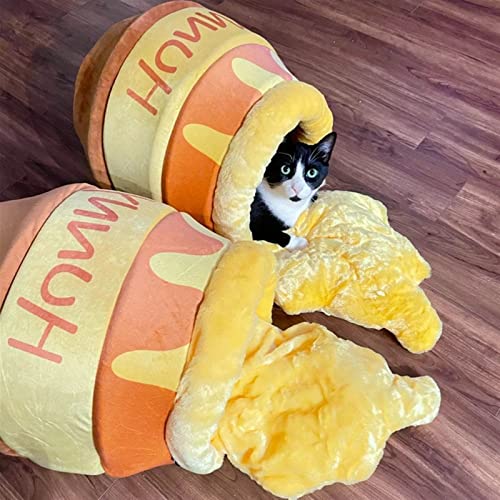 2 PCS Amarillo Potita De Miel Cama De Gato Honey Jar Forma Cama Catita De Gato Linda Pelusa Dibujos Animados Cuerpo De Mascotas Casa Cat Casa Mat Mat Suave Mascota Jerarquía For Pequeño Cat Dog