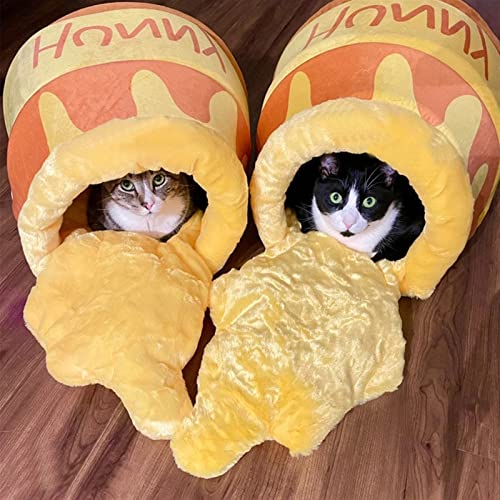 2 PCS Amarillo Potita De Miel Cama De Gato Honey Jar Forma Cama Catita De Gato Linda Pelusa Dibujos Animados Cuerpo De Mascotas Casa Cat Casa Mat Mat Suave Mascota Jerarquía For Pequeño Cat Dog
