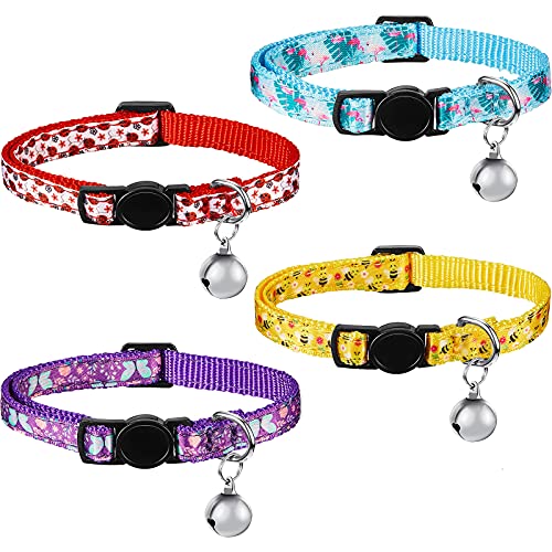 4 Collares Separables de Gatos Animales con Campana Collar de Gato Flamenco Ajustable Collar de Gato de Abeja Mariposa Collar de Mascota de Mariquita con Hebilla de Seguridad, 4 Estilos