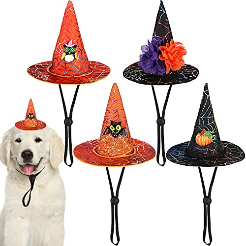 4 Sombreros de Mascotas de Halloween Sombrero de Bruja Ajustable Sombrero de Bruja de Cono de Cosplay de Perro Gato con Adornos de Calabaza Murciélago Búho Flor Accesorio Disfraz Halloween