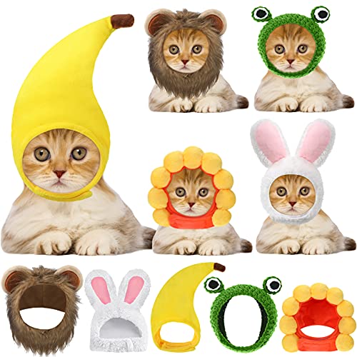5 Sombreros para Gato Adorable Disfraz de Conejito con Orejas Sombrero de Rana Divertida Melena de León Banana Girasol Disfraz de Fiesta de Cachorro Gatito Accesorios de Halloween, 5 Estilos