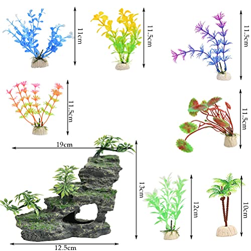 7 piezas de decoración de acuario, castillo, plantas de plástico para decoración de acuario, plantas acuáticas, paisajismo, rocas de jardín, hierba verde para peces, gambas, accesorios de acuario