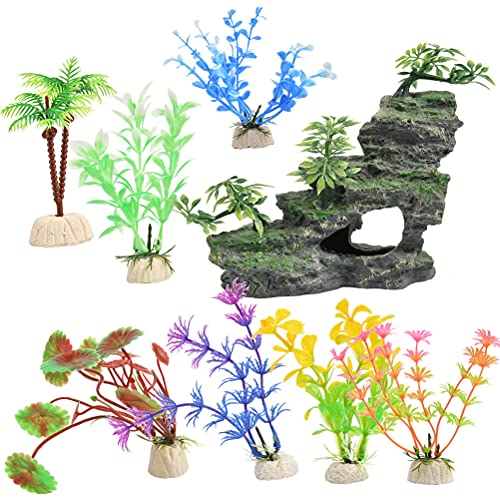7 piezas de decoración de acuario, castillo, plantas de plástico para decoración de acuario, plantas acuáticas, paisajismo, rocas de jardín, hierba verde para peces, gambas, accesorios de acuario