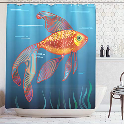 ABAKUHAUS Pez de Colores Cortina de Baño, Acuario Peces en el Agua, Material Resistente al Agua Durable Estampa Digital, 175 x 200 cm, bermellón Naranja