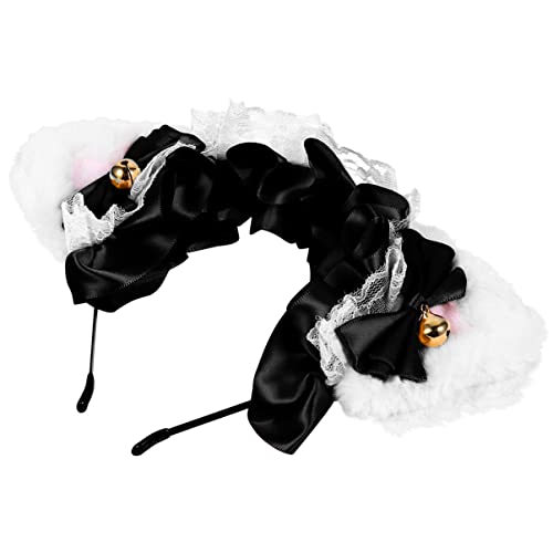 ABOOFAN Diadema de La Oreja de Gato con Las Campanas Arcos Cinta de Encaje Cómic Anime Lobo Lobo Perro Orejas Hairband Neko Gato Oreas Play Clip para Cosplay Disfraz Lolita Black