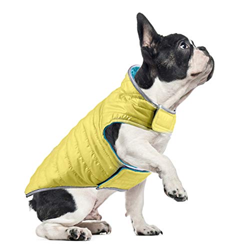 ABRRLO Ropa de invierno para mascotas impermeable chaqueta de plumón para perro reflectante reversible abrigo para clima frío cálido chaleco acolchado (azul + amarillo, XS
