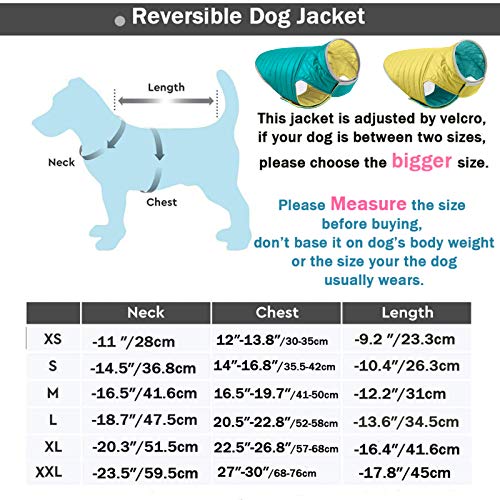 ABRRLO Ropa de invierno para mascotas impermeable chaqueta de plumón para perro reflectante reversible abrigo para clima frío cálido chaleco acolchado (azul + amarillo, XS