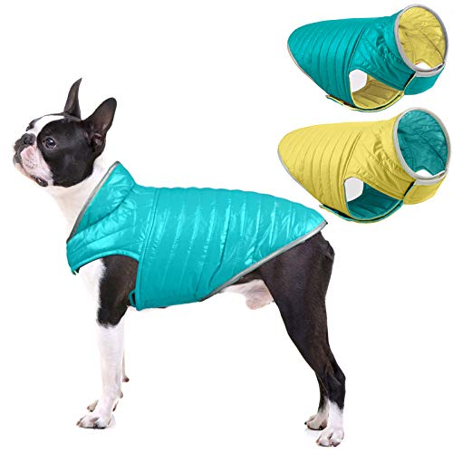 ABRRLO Ropa de invierno para mascotas impermeable chaqueta de plumón para perro reflectante reversible abrigo para clima frío cálido chaleco acolchado (azul + amarillo, XS