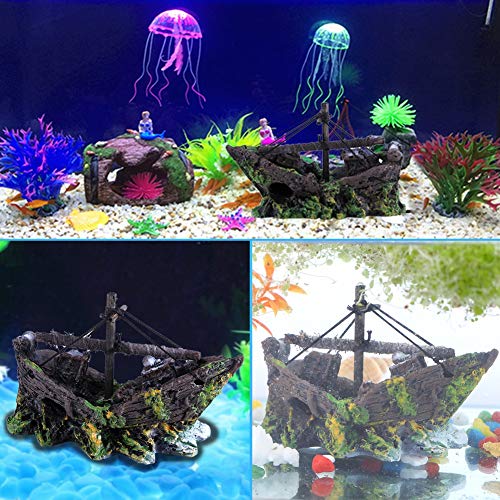 Acuario Barco pirata Barco Adornos de tanque de peces, Adorno de tanque de peces de barril roto, Paisajismo de acuario Adornos de tanque de peces de vidrio Agua dulce Agua salada