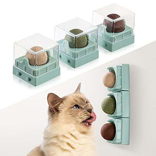 Agelvren Pelotas de hierba gatera juguete para gatos, hierba gatera, juguetes comestibles para lamer, bolas de bocadillo giratorias saludables naturales para gatos y gatitos