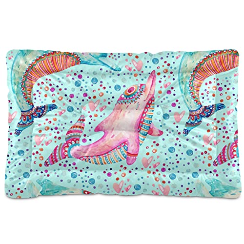 Alfombra de cama de delfines étnicos tribales con lunares turquesa para perros y gatos, cojín de cajón suave para mascotas pequeñas y medianas, antideslizante, lavable y seco, de 24 x 18 pulgadas