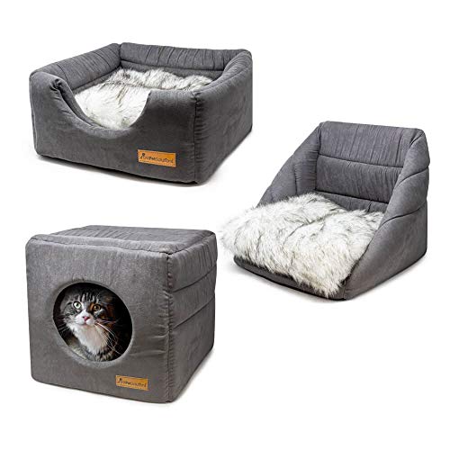 allpetsolutions Cama para Gatos pequeños con Forma de Cubo iglú, 3 en 1, Plegable, Color Gris, para Mascotas, Gatito, Cachorro, Suave, Lavable a máquina con cojín Reversible, 35 x 35 x 35 cm