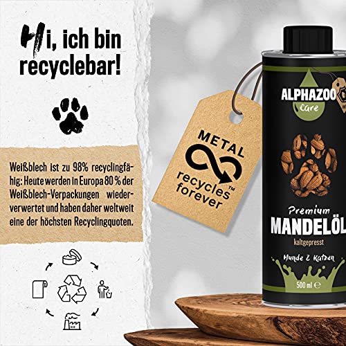 alphazoo Aceite de almendras Aceite para piensos para Perros y Gatos 250 ml, Aceite de Belleza Premium prensado en frío, Piel Sana y Pelo Brillante, aditivo para la Comida, Aceite Base Natural