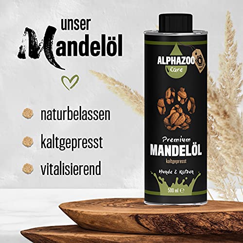 alphazoo Aceite de almendras Aceite para piensos para Perros y Gatos 250 ml, Aceite de Belleza Premium prensado en frío, Piel Sana y Pelo Brillante, aditivo para la Comida, Aceite Base Natural