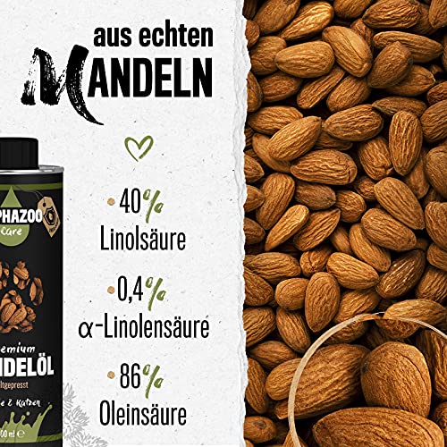 alphazoo Aceite de almendras Aceite para piensos para Perros y Gatos 250 ml, Aceite de Belleza Premium prensado en frío, Piel Sana y Pelo Brillante, aditivo para la Comida, Aceite Base Natural