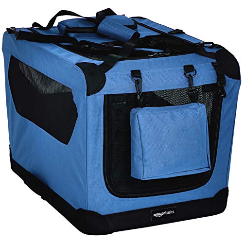 Amazon Basics – Transportín para mascotas abatible, transportable y suave de gran calidad, 66 cm, Azul