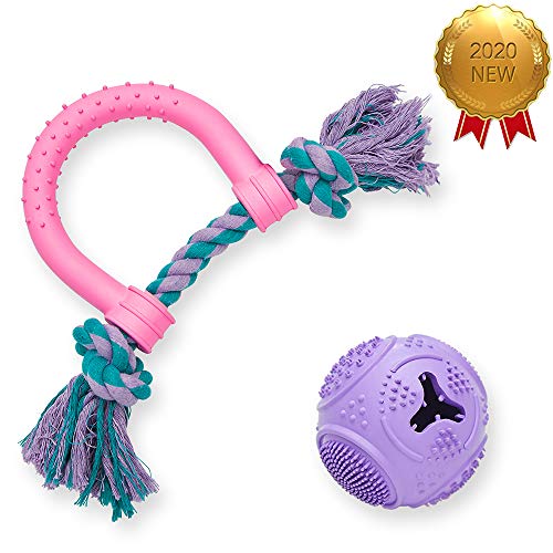 Amazon Brand - Umi - Paquete Ahorro de 2 mordedores para Perros y Cachorros: Pelota con púas y mordedor en Forma de U con Cuerda Anudada