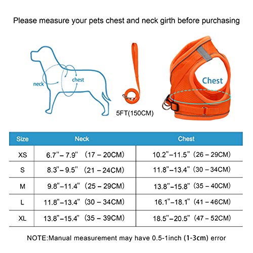 Anbeer Arnés Pecho para Gato Perro Pequeño y Correa 150cm, Ajustable con Reflectantes de Tela de Malla Suave y Transpirable (L, Naranja)