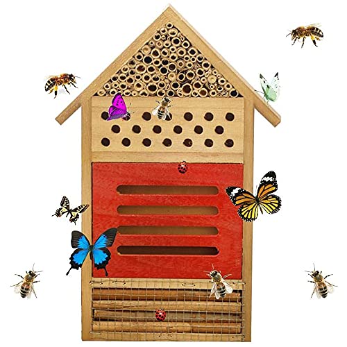 ANCLLO Casa de insectos de madera natural abeja hotel mariposa hábitat para jardines, mariquitas, cortador de hojas de mariposa y muchos otros insectos beneficiosos