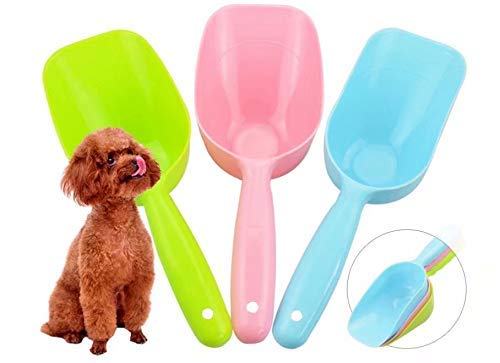 Ancoo 3 piezas de mango de plástico para mascotas, perros, gatos, comedores de alimentos de pala, pala para arena de gatos, 3 colores