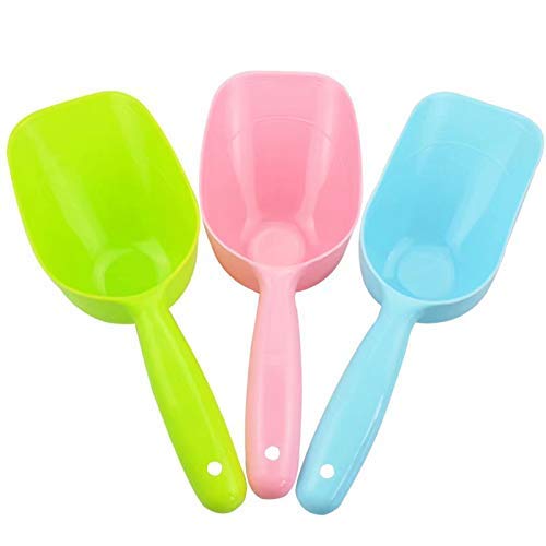 Ancoo 3 piezas de mango de plástico para mascotas, perros, gatos, comedores de alimentos de pala, pala para arena de gatos, 3 colores