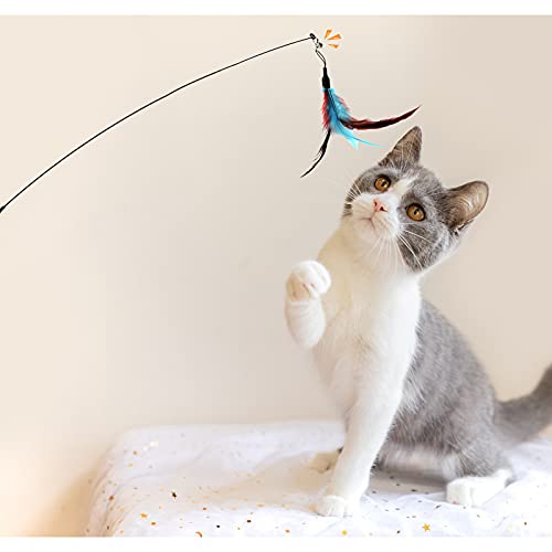Andiker Juguete de Pluma para Gato, Juguete Interactivo de Varita para Gato con Campana con 5 Recambio, Juguete de Gatito Divertido para Ejercitar y Persecución