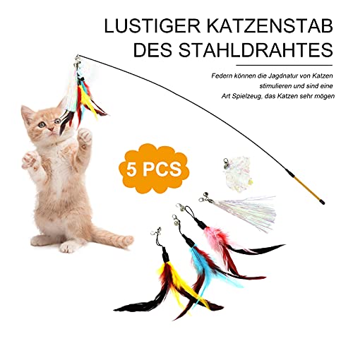 Andiker Juguete de Pluma para Gato, Juguete Interactivo de Varita para Gato con Campana con 5 Recambio, Juguete de Gatito Divertido para Ejercitar y Persecución