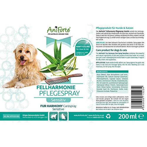 AniForte Carespray Sensible para perros y gatos 200ml - cuidado para el pelaje y la piel, espray para el cabello. Pieles brillantes y ayuda para el peinado, Spray para el cuidado de perros y gatos