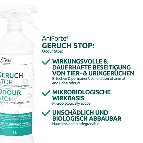 AniForte Odour Stop 1 L - Spray Ambiental Listo para Usar para el hogar, el Coche y Las Mascotas, Spray eliminador de olores contra la orina de Gato, la orina de Perro, el vómito, Las heces