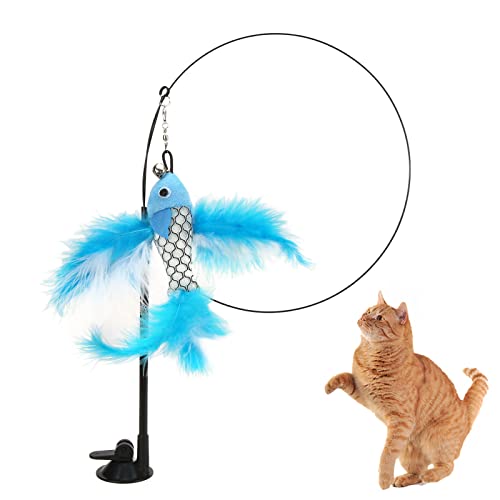 Annjom Varita de Plumas de Gato, Pluma de Gato Divertida Plegable reemplazable a Mano con Ventosa para Gatos Pez Volador Azul