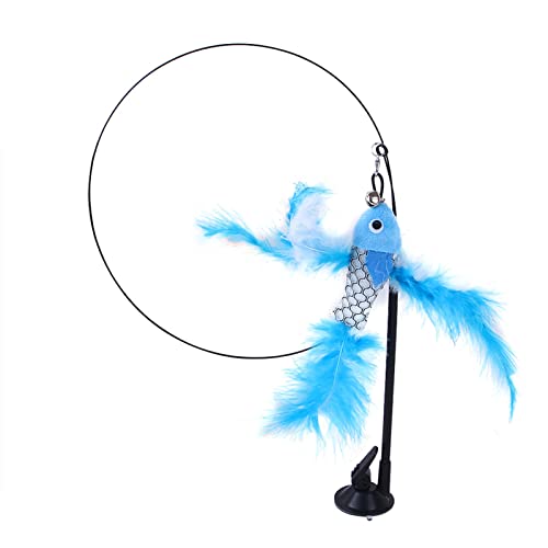 Annjom Varita de Plumas de Gato, Pluma de Gato Divertida Plegable reemplazable a Mano con Ventosa para Gatos Pez Volador Azul