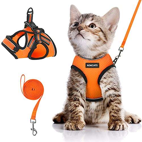 AOKCATS Arnés Gato Pequeño, Arnés Gato Antiescape Arnés Gato Grande Adulto, Suave y Ajustable Arnés de Chaleco con Tiras Reflectantes, Cómodo para Mascotas Gatitos Cachorros S Naranja