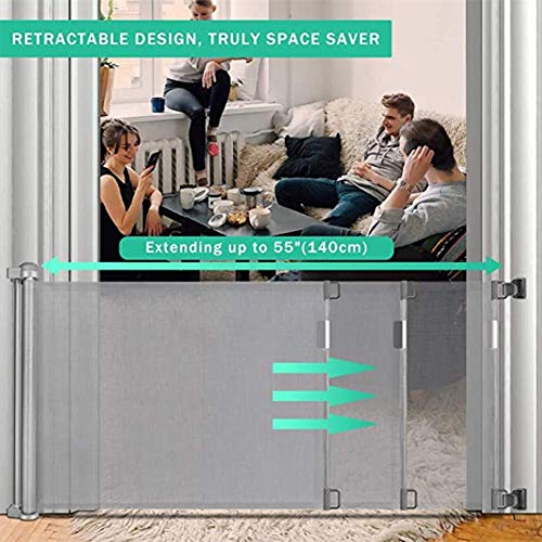 AOSEE Puerta de bebé retráctil para perro, puertas de seguridad extra anchas de 35 pulgadas de alto, se extiende a 55 pulgadas de ancho, cubiertas, barandillas interiores y exteriores (gris)