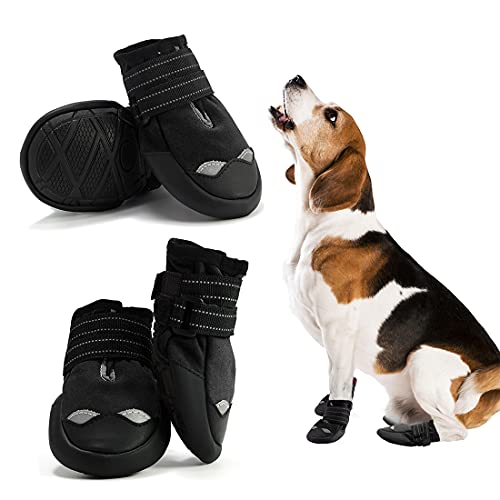 AQH Zapatos Perro, 4 Pcs Zapatos para Perros Botas, Impermeables para Perros Botines Antideslizante y elástica Resistente para Mediano y Grandes Perros (8#, Negro)