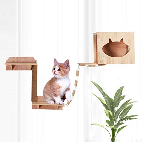 Árbol de madera para gatos montado en la pared con puente colgante y escalera, marco de escalada natural montado en la pared, marco de escalada de madera maciza para gatos,puente de pared gatos