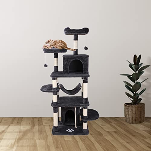 Árbol Grande para Gatos de 170 cm, Poste Rascador para Gatos con Hamaca e Instalaciones de Juego, Rascador árbol para Actividades, con Suave Felpa para Trepar, Plataformas de Observación