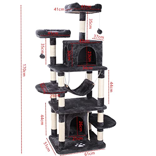 Árbol Grande para Gatos de 170 cm, Poste Rascador para Gatos con Hamaca e Instalaciones de Juego, Rascador árbol para Actividades, con Suave Felpa para Trepar, Plataformas de Observación