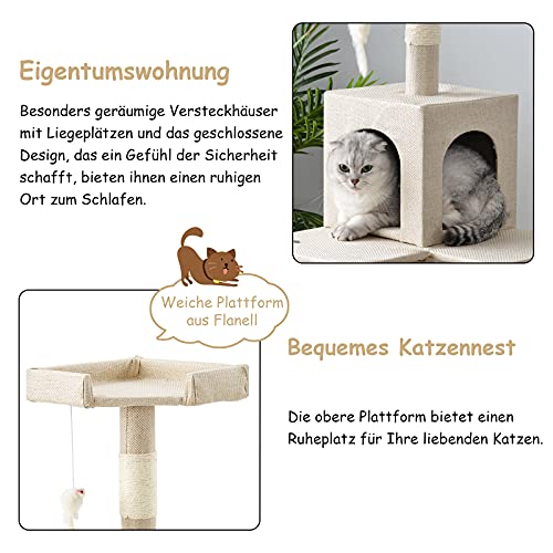 Árbol rascador para gatos de 3 pisos cubierto de sisal natural, no tóxico, con cueva y juguete para gatos (YO10267A1)