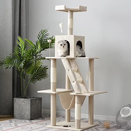 Árbol rascador para gatos de 3 pisos cubierto de sisal natural, no tóxico, con cueva y juguete para gatos (YO10267A1)