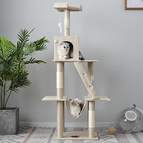 Árbol rascador para gatos de 3 pisos cubierto de sisal natural, no tóxico, con cueva y juguete para gatos (YO10267A1)