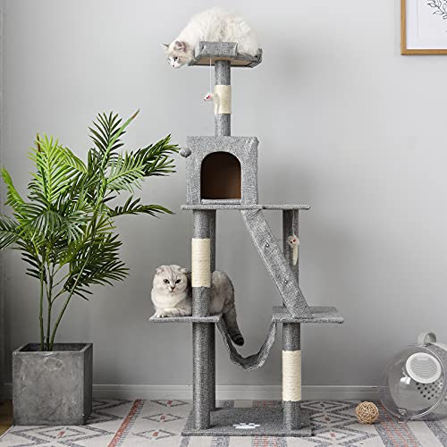 Árbol rascador para gatos de 3 pisos cubierto de sisal natural, no tóxico, con cueva y juguete para gatos (YO10267B1)