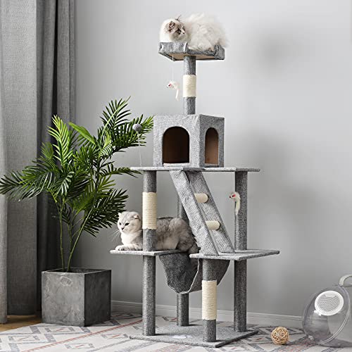 Árbol rascador para gatos de 3 pisos cubierto de sisal natural, no tóxico, con cueva y juguete para gatos (YO10267B1)