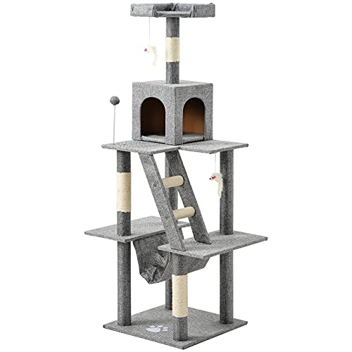 Árbol rascador para gatos de 3 pisos cubierto de sisal natural, no tóxico, con cueva y juguete para gatos (YO10267B1)