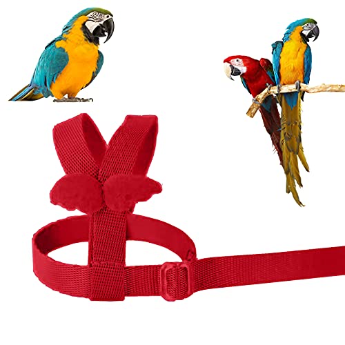 Arnés de loros ajustable para pájaros para mascotas, correa de cuerda de entrenamiento al aire libre, correa elástica antimordedura para pájaros, loros, cacatúas guacamayos (rojo, S)