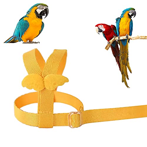 Arnés de loros ajustable para pájaros para mascotas, correa de cuerda de entrenamiento al aire libre, correa elástica antimordedura para pájaros, loros, cacatúas guacamayos (amarillo, XS)